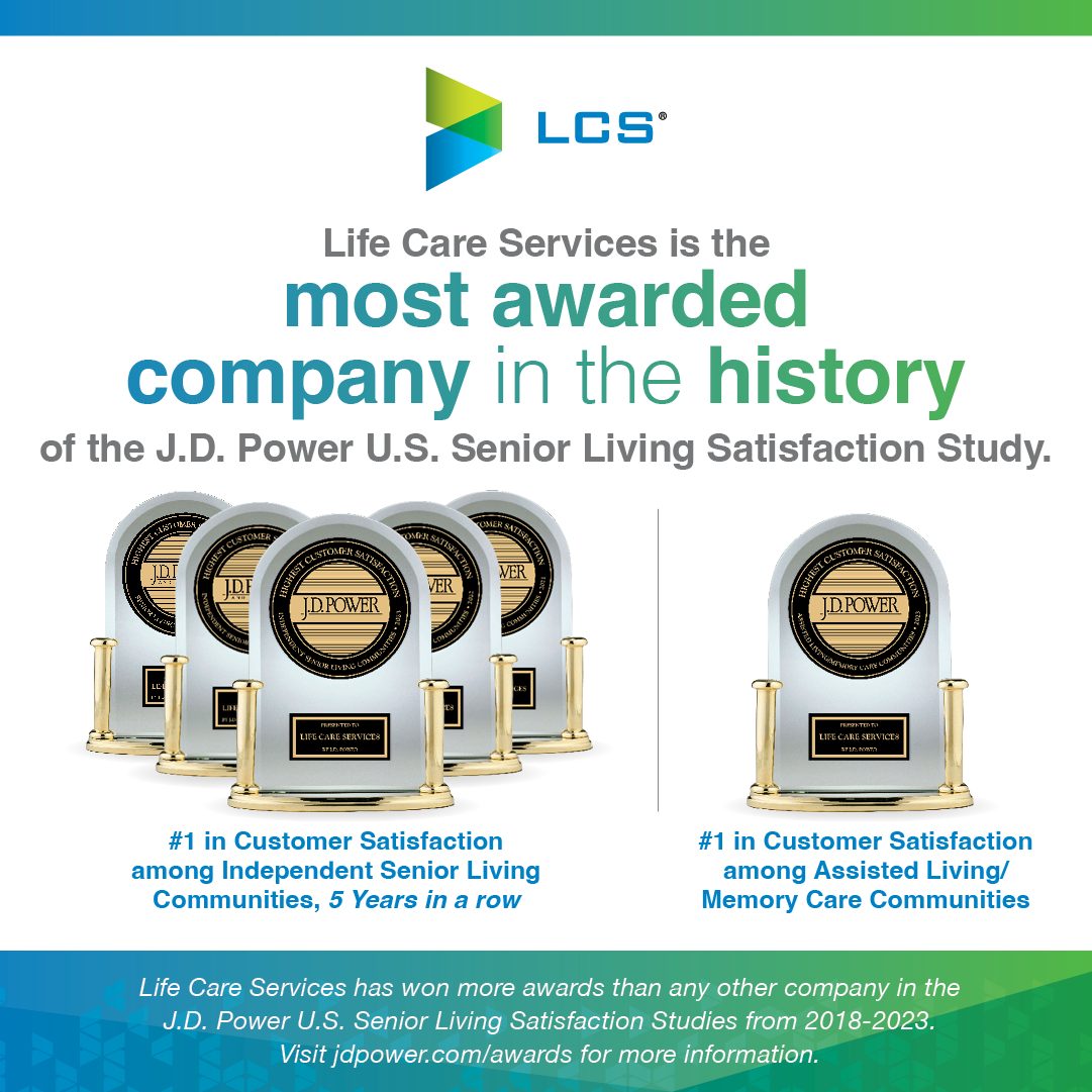 J.D. Power awards and LCS logo for senior living satisfaction recognition.