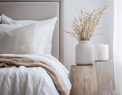 A cozy bedroom corner with a neatly made bed, a bedside table, vase with dried flowers, and a candle.