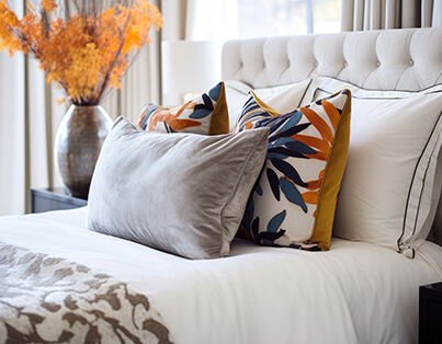 Cozy bedroom interior with decorative pillows and autumnal floral arrangement on nightstand.