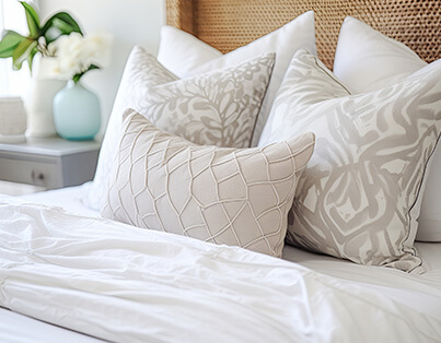 Elegant, neatly arranged pillows and white bedding in an inviting senior living unit bedroom.