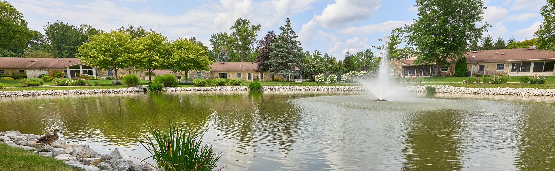 Serene pond with ducks and a fountain surrounded by residential units and lush greenery.