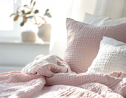 Cozy bedroom scene featuring crumpled pink and white bedding with soft morning light.