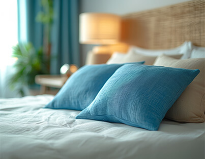 Cozy bedroom in a senior living community unit with two blue pillows on a neatly made bed.